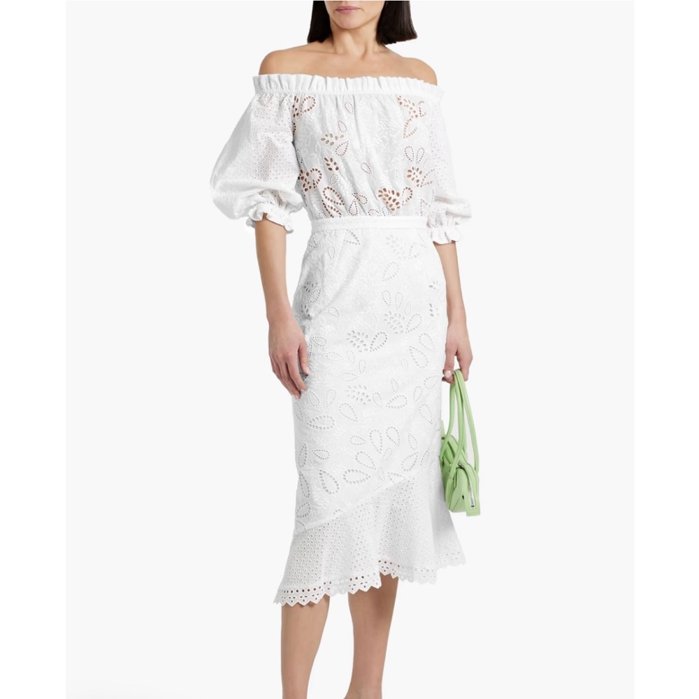 Saloni sz 2 Dress Grace Anglaise Off-The-Shoulder Midi Dress Eyelet White